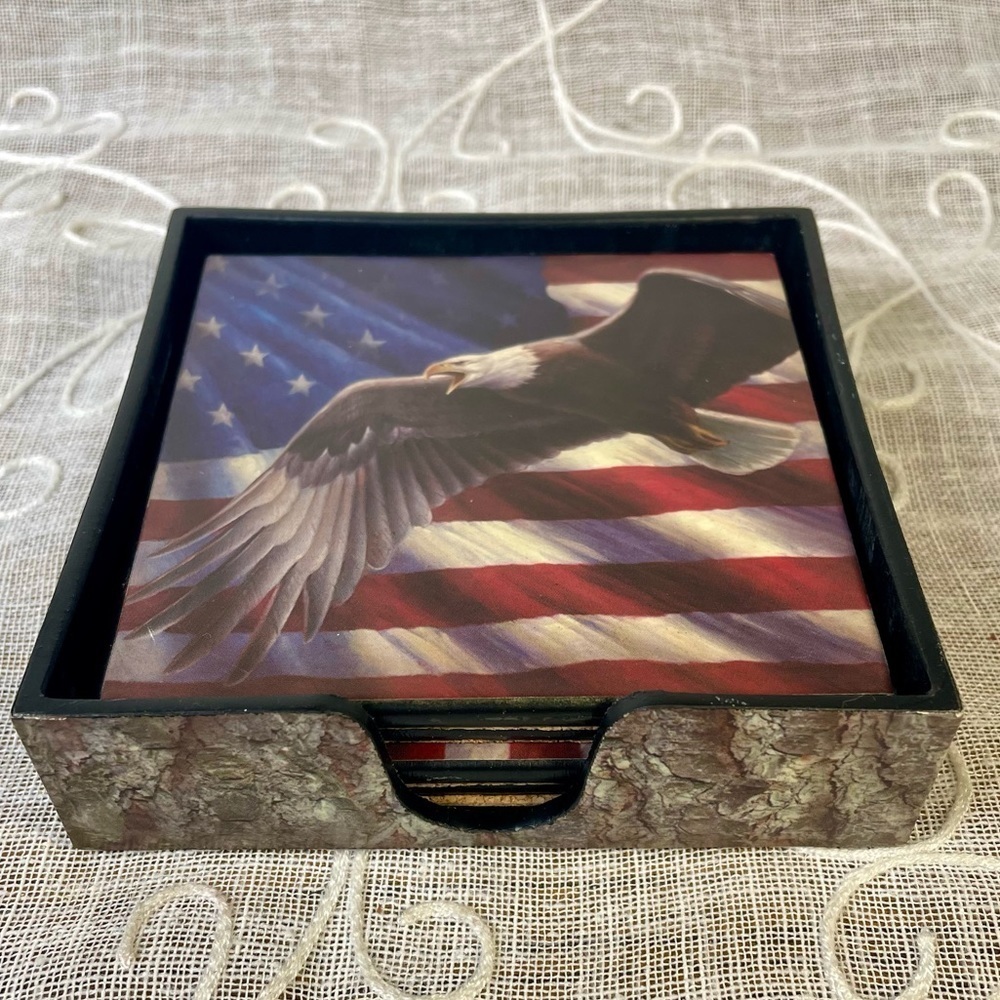 American Flag & USA Eagle Cork Back Square 4 Coasters Set in Stackable Case Box